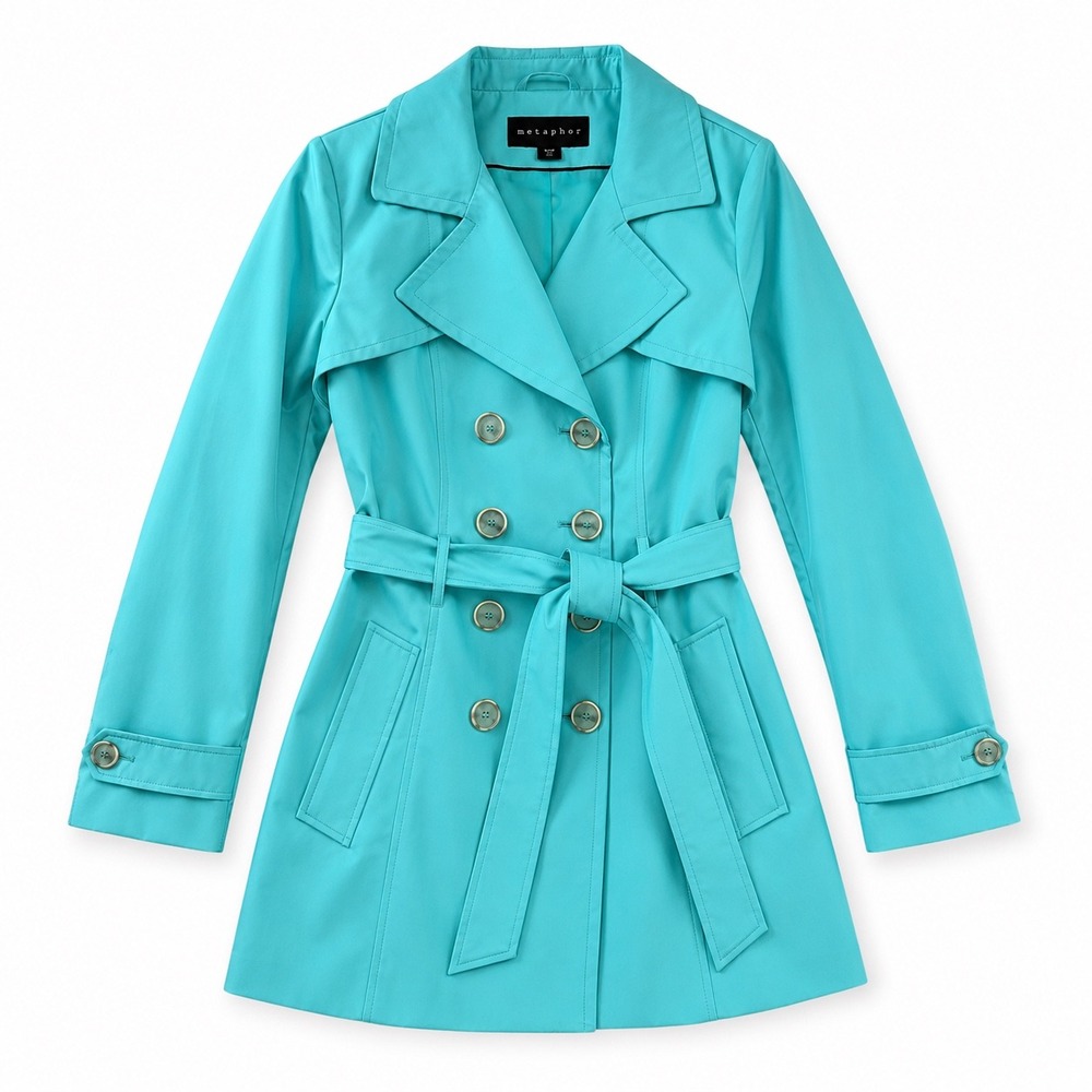 Metaphor Turquoise Blue Double Breasted Trench‎ Coat Belted Jacket Small